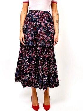 Ulla Johnson purple navy pink floral cotton midi ruffle skirt size 6